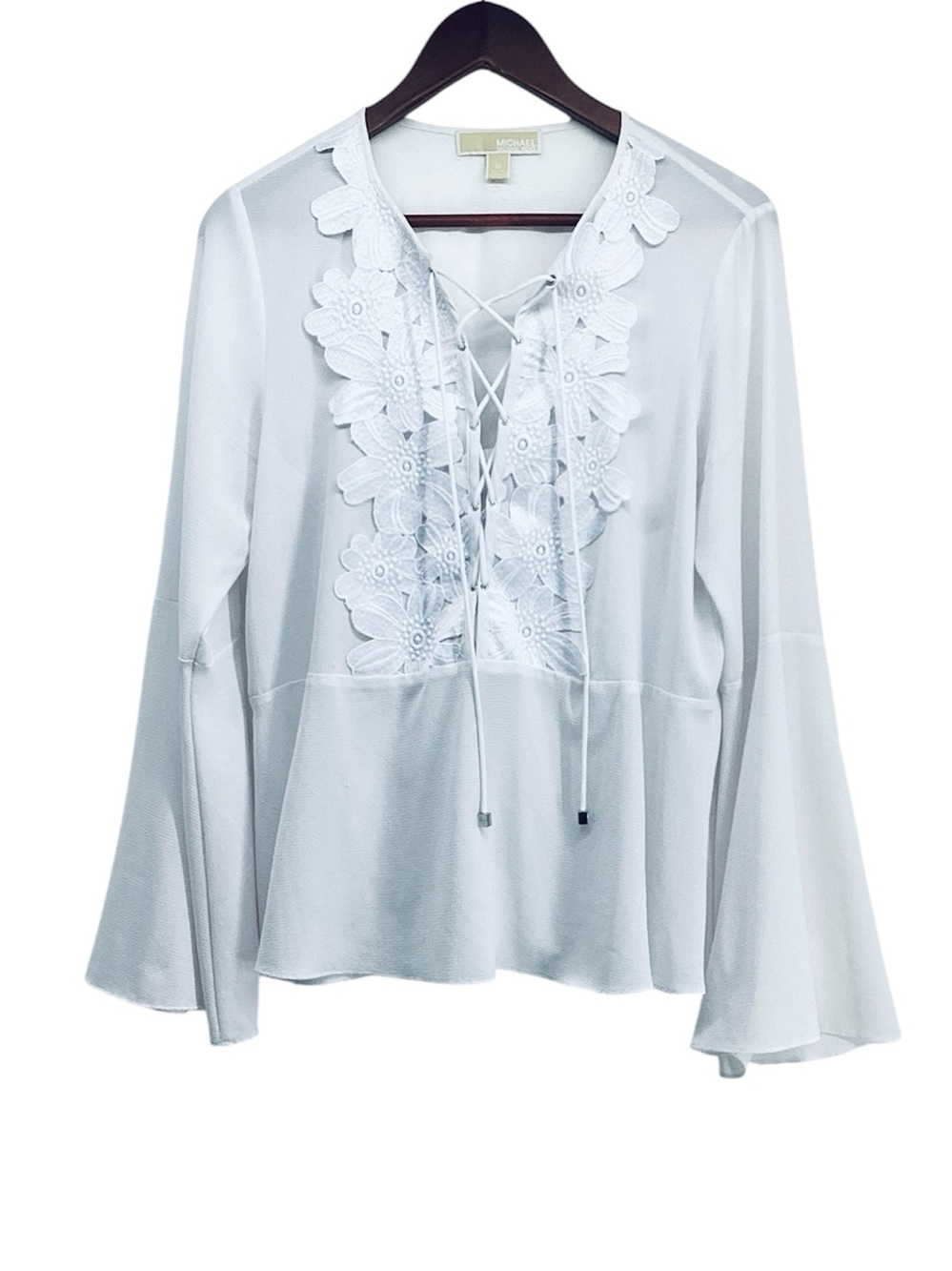 🐵 MICHAEL Michael Kors White Lace-Up Floral Peasant Top, Size M
